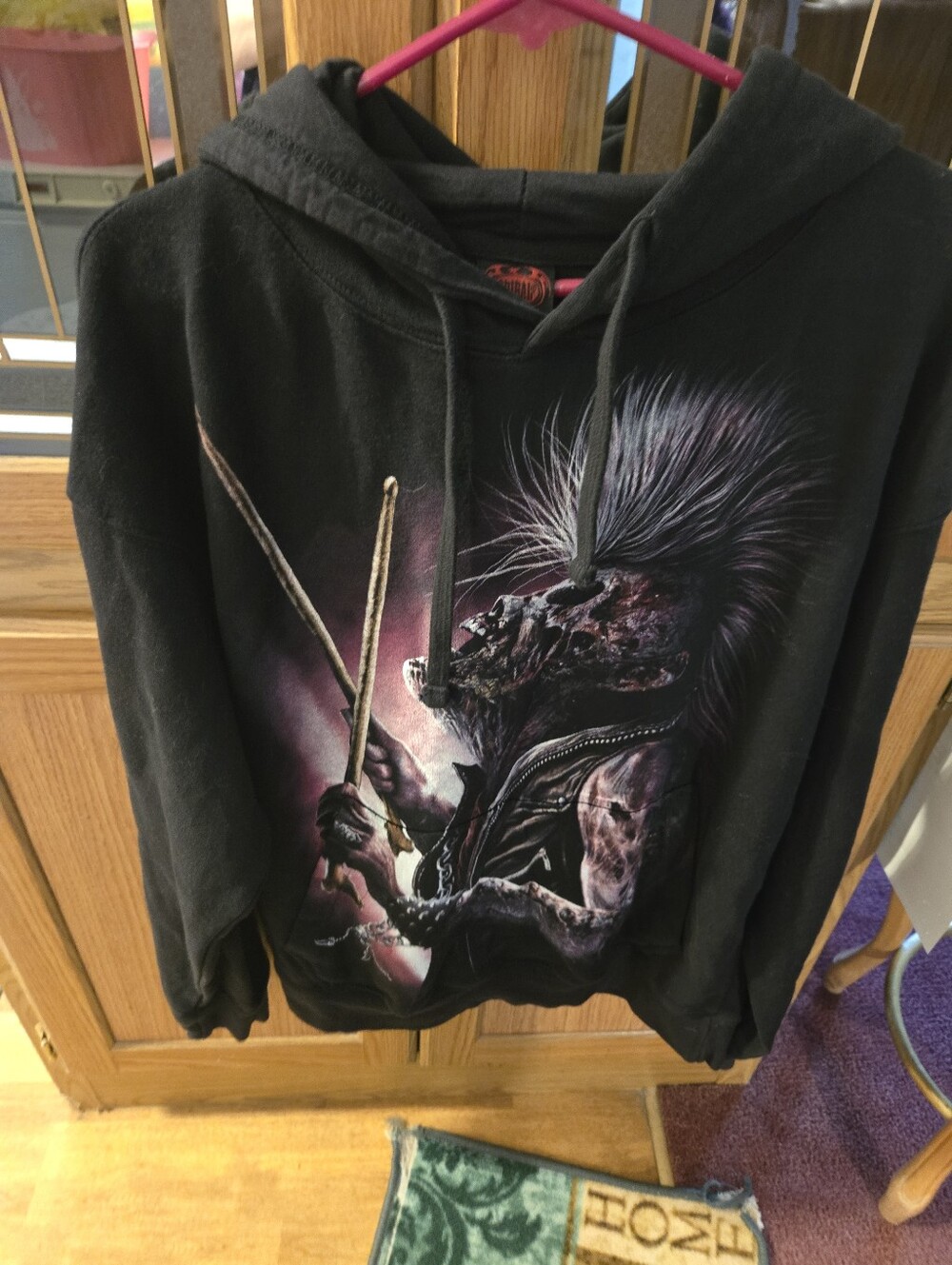 Spiral  Black Graphic Hooded Sweater with Drummer Monster Print